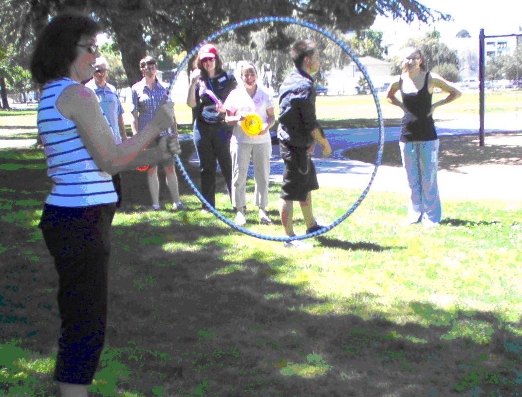 San Jose BBQ 02 SASC Benita MacDonald holds a hula hoop for the Frisbee throw.