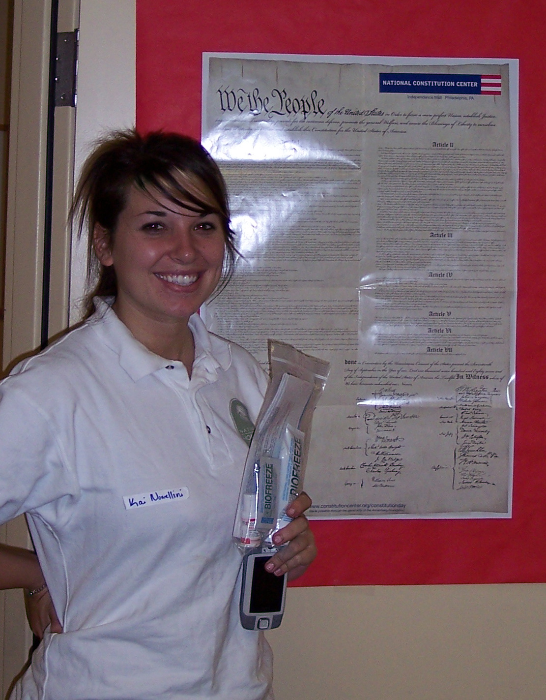 Kai Nomellini Group #32 winner Kai Nomellini proudly displays her Biofreeze prize pack in front of a copy of the U.S. Constitution.